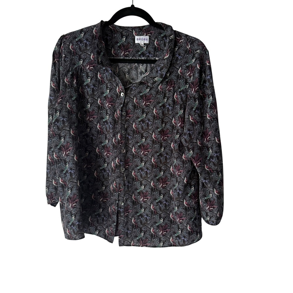 Brora Women's Size 16 Bird Print‎ Button Down Shirt Long Sleeve Collared Silk XL